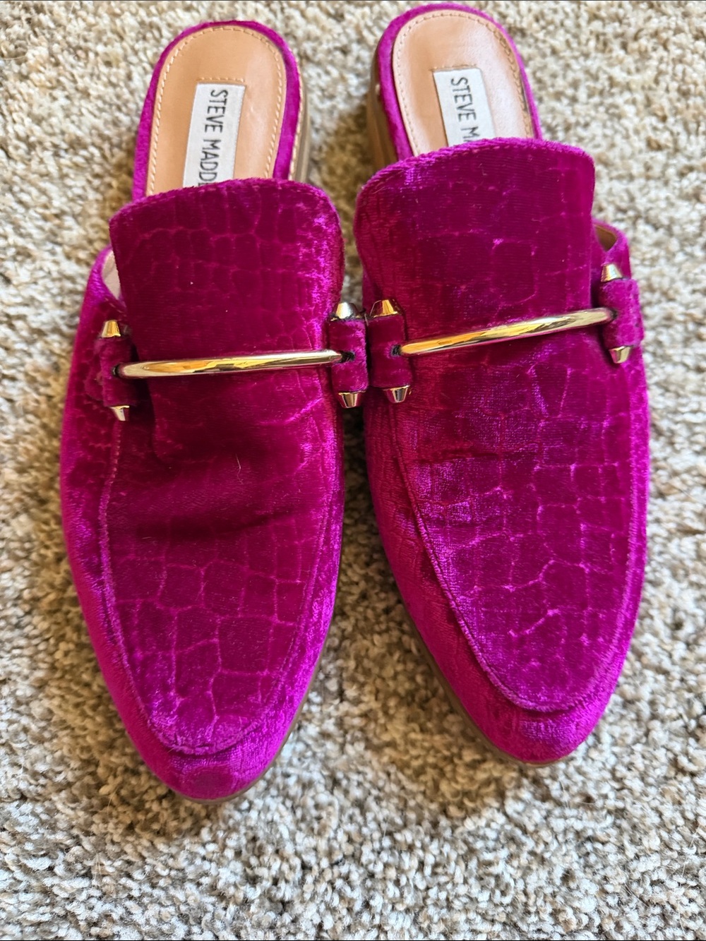 Steve Madden Fuchsia Velvet Slip-On Mules with Gold Accent